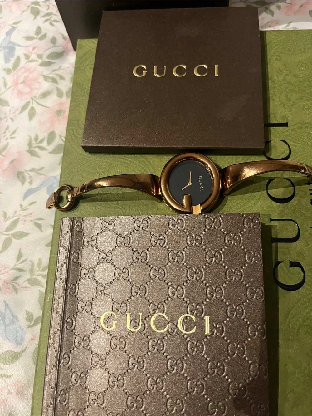 Gucci Rose Gold Bangle Watch with Black Dial